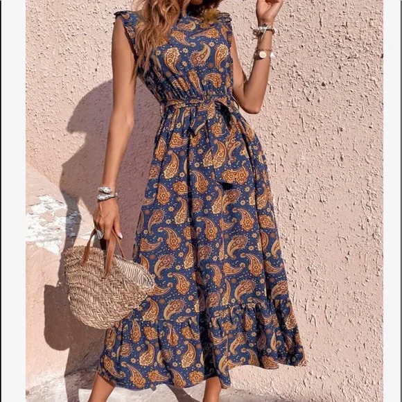 Boho Bohemian Gypsy Paisley Floral Print Cottagecore Belted Maxi Dress - Picture 6 of 8
